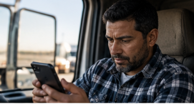 A driver practising on their phone in the cab